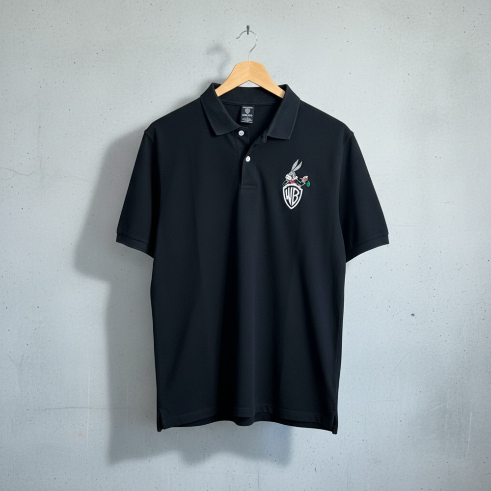 Vintage Warner Bros. Studio Store Bugs Bunny Logo Embroidered Black Polo Men's M